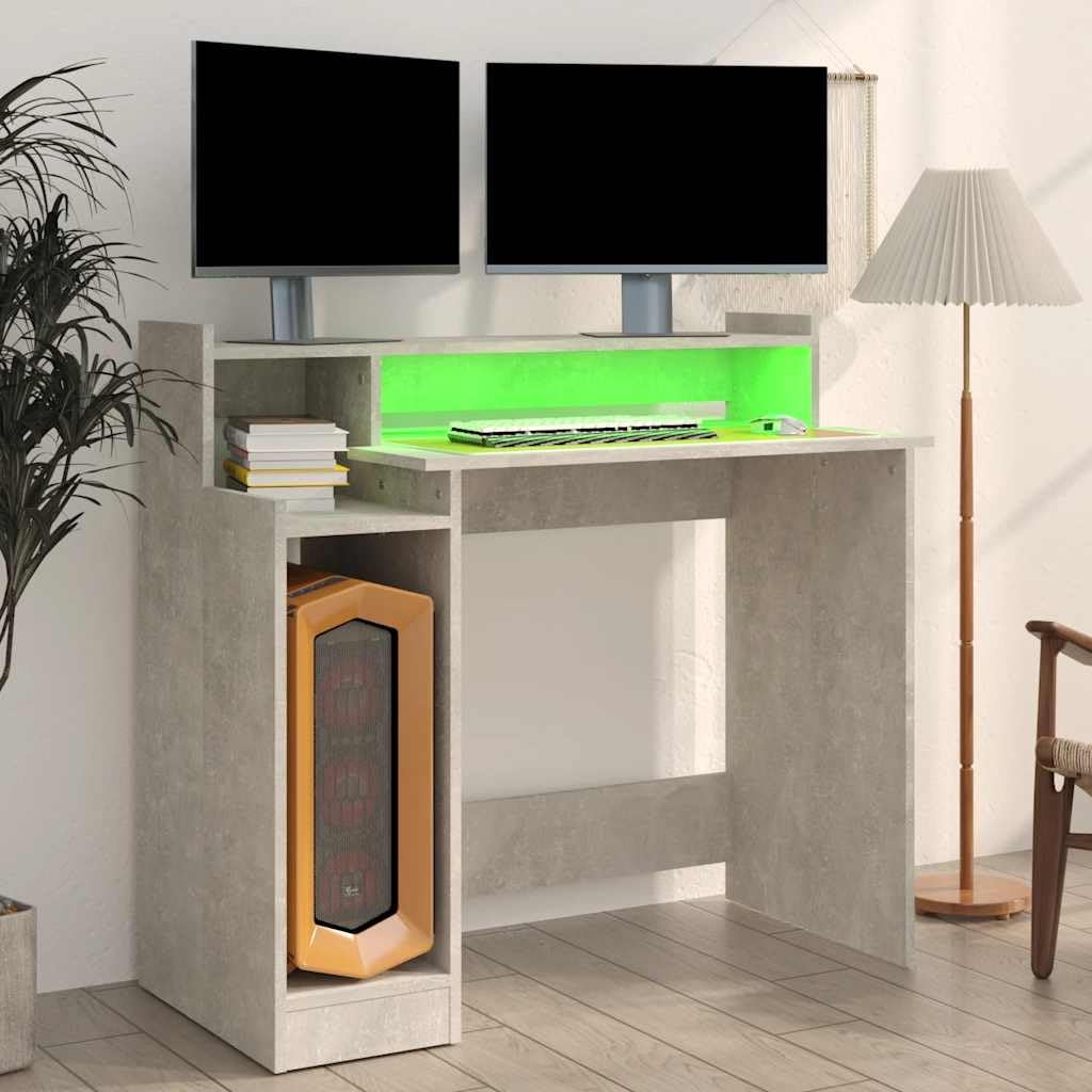 Bureau Gris béton en Bois d'ingénierie 97x45x90 cm avec éclairage LED intégré Poste de Travail Informatique Compact pour télétravail et étude à la Maison Bureau Gamer et étudiant