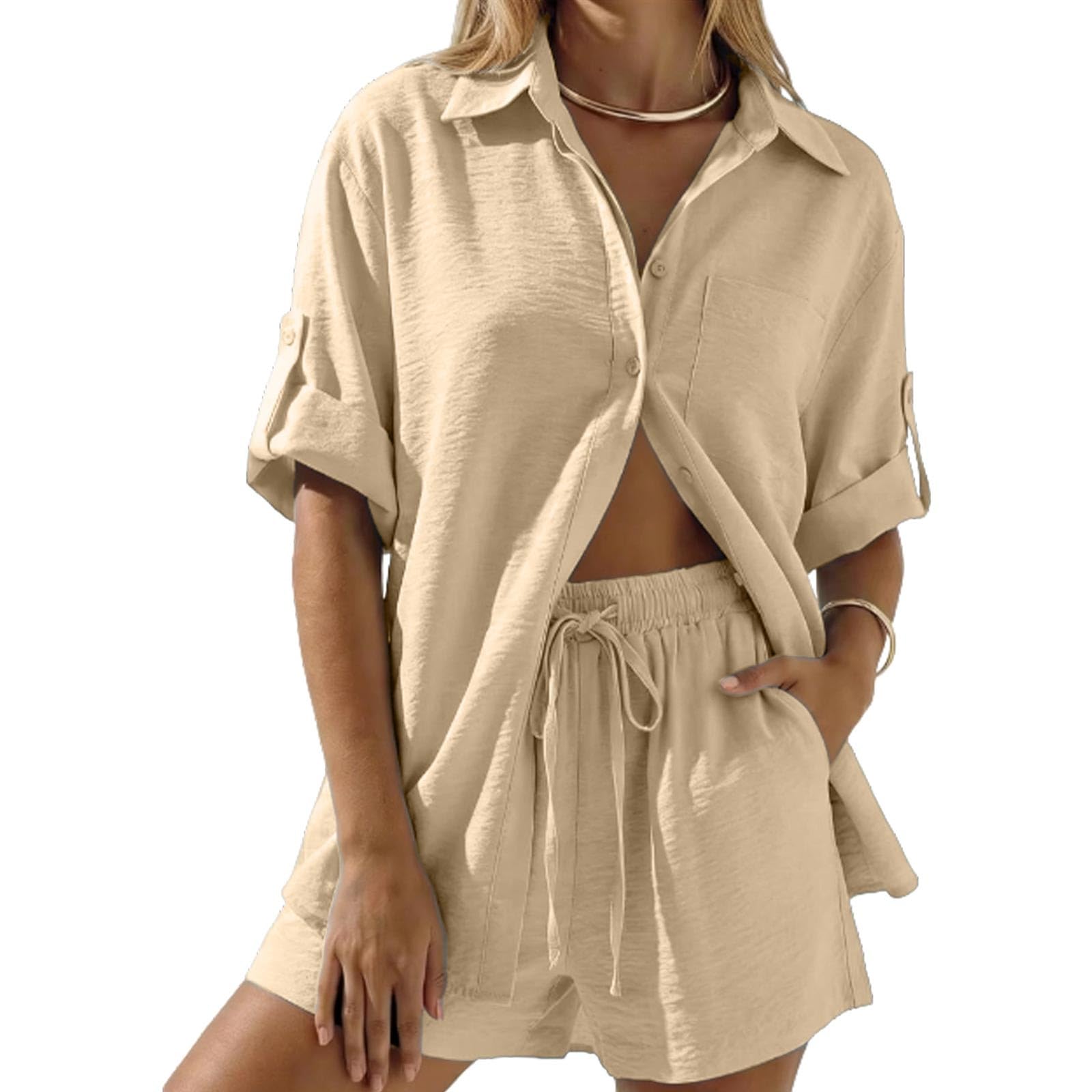 Generisch Set da due pezzi casual da donna con comoda parte superiore e pantaloncini traspiranti, ideale per tutti i giorni, vacanze, ufficio, facile da pulire, stile semplice