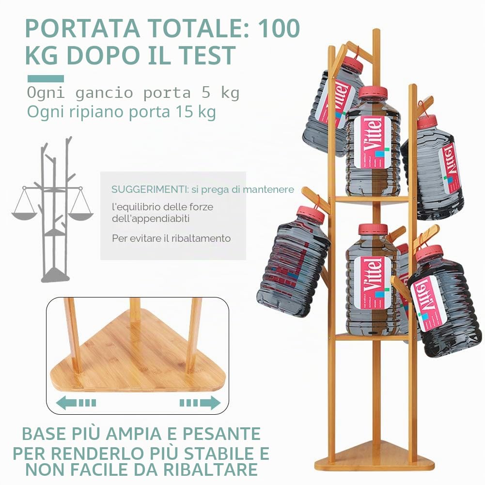 Appendiabiti da Terra ingresso Legno Bambù Attaccapanni Servomuto da camera | Appendiabiti Autoportante Design Moderno Salvaspazio con 3 Ripiani 9 Ganci