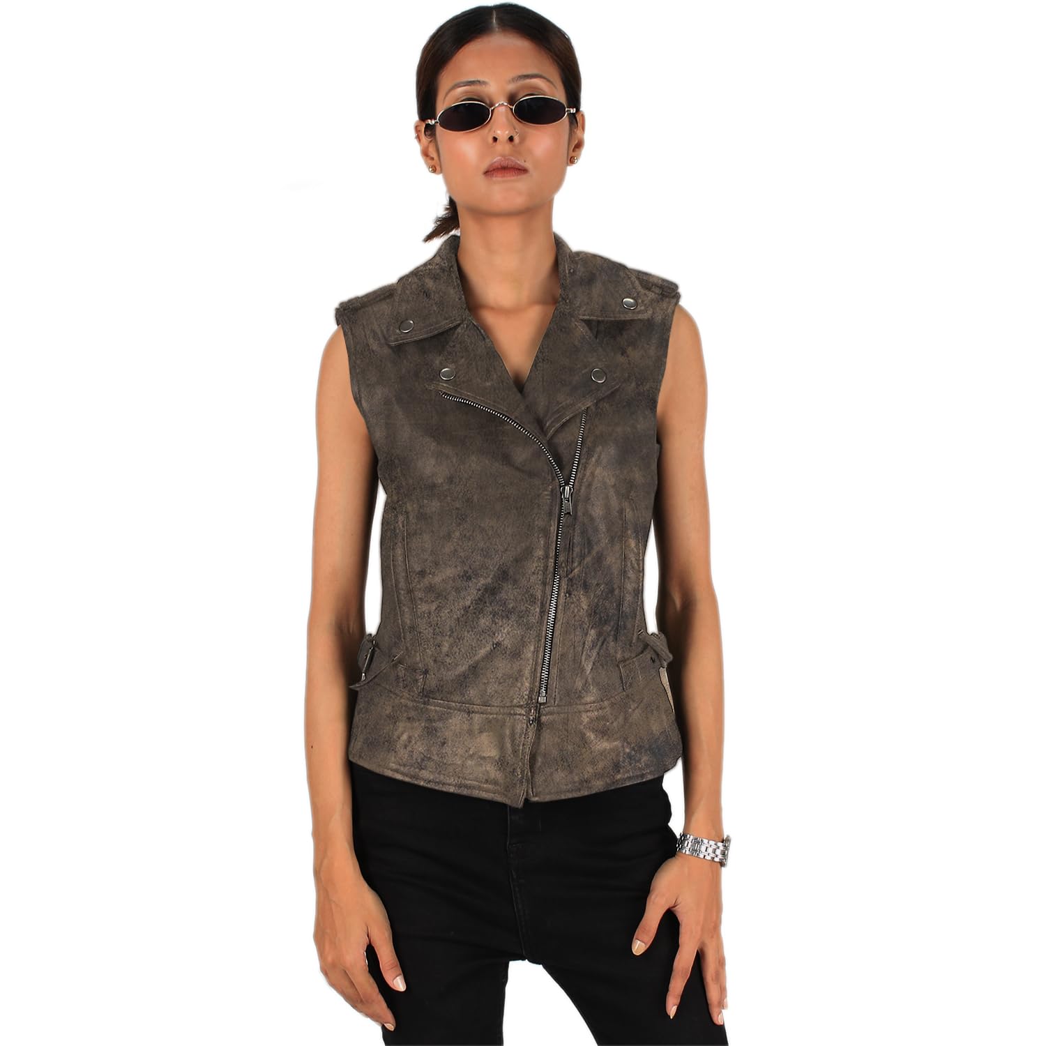 Womens Genuine Lambskin Biker Style Leather Vest Black Biker Vest - 2423001