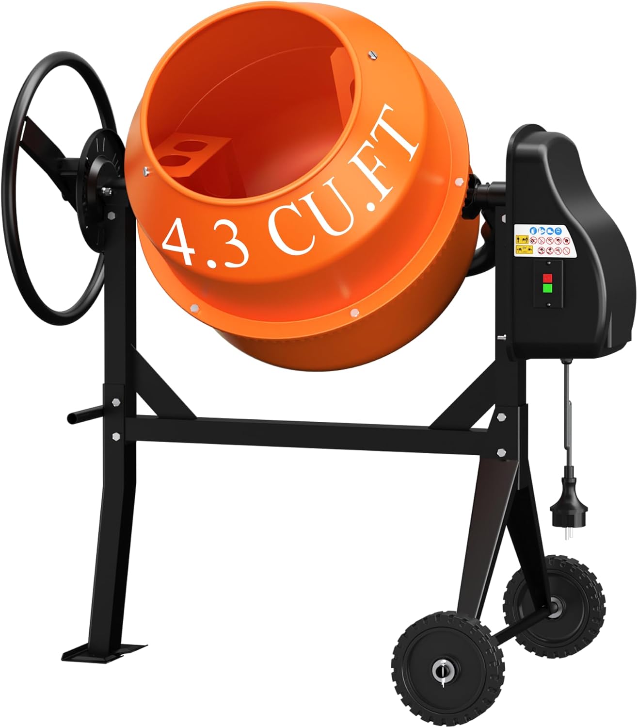 Electric Cement Mixer, 4.3 Cu.Ft. 450W 3/5HP Portable Concrete Mixer Machine with Wheels & Stand Steel for Stucco, Mortar, Feed Mixing, Ideal for Construction & Farm Use, Orange