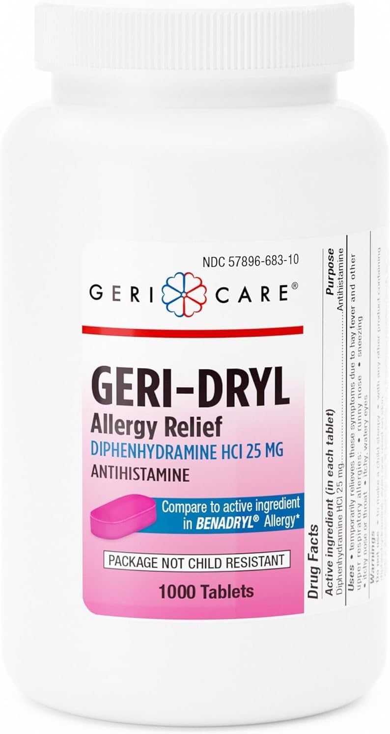 Geri-Dryl Allergy Relief Tablets (1000 Count) by GeriCare| Diphenhydramine HCI 25mg Antihistamine Tablets for Sneezing, Runny Nose, Itchy Throats & Eyes| Anti-Allergy Medicine for Adults & Kids