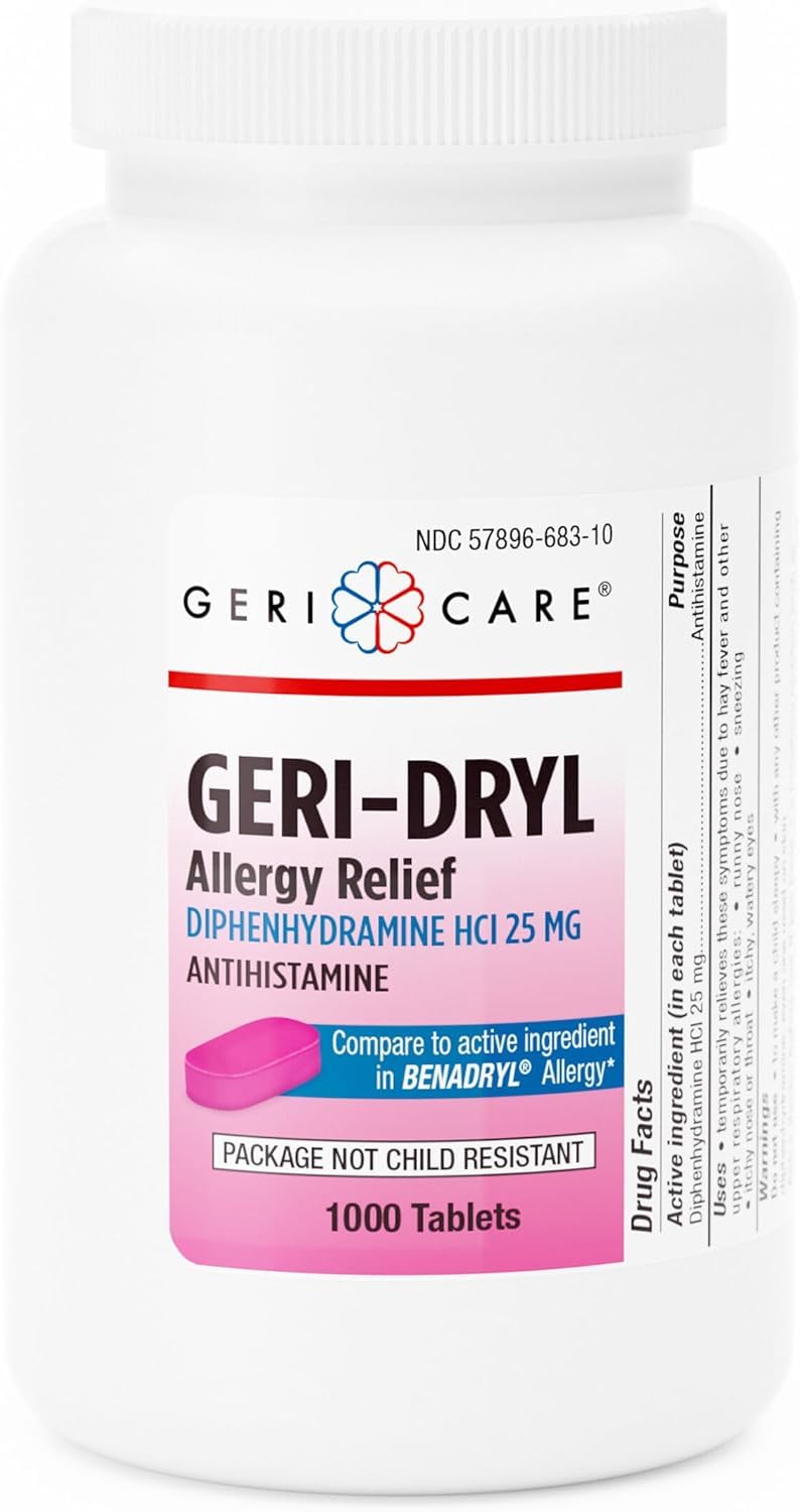 Geri-Dryl Allergy Relief Tablets (1000 Count) by GeriCare| Diphenhydramine HCI 25mg Antihistamine Tablets for Sneezing, Runny Nose, Itchy Throats & Eyes| Anti-Allergy Medicine for Adults & Kids