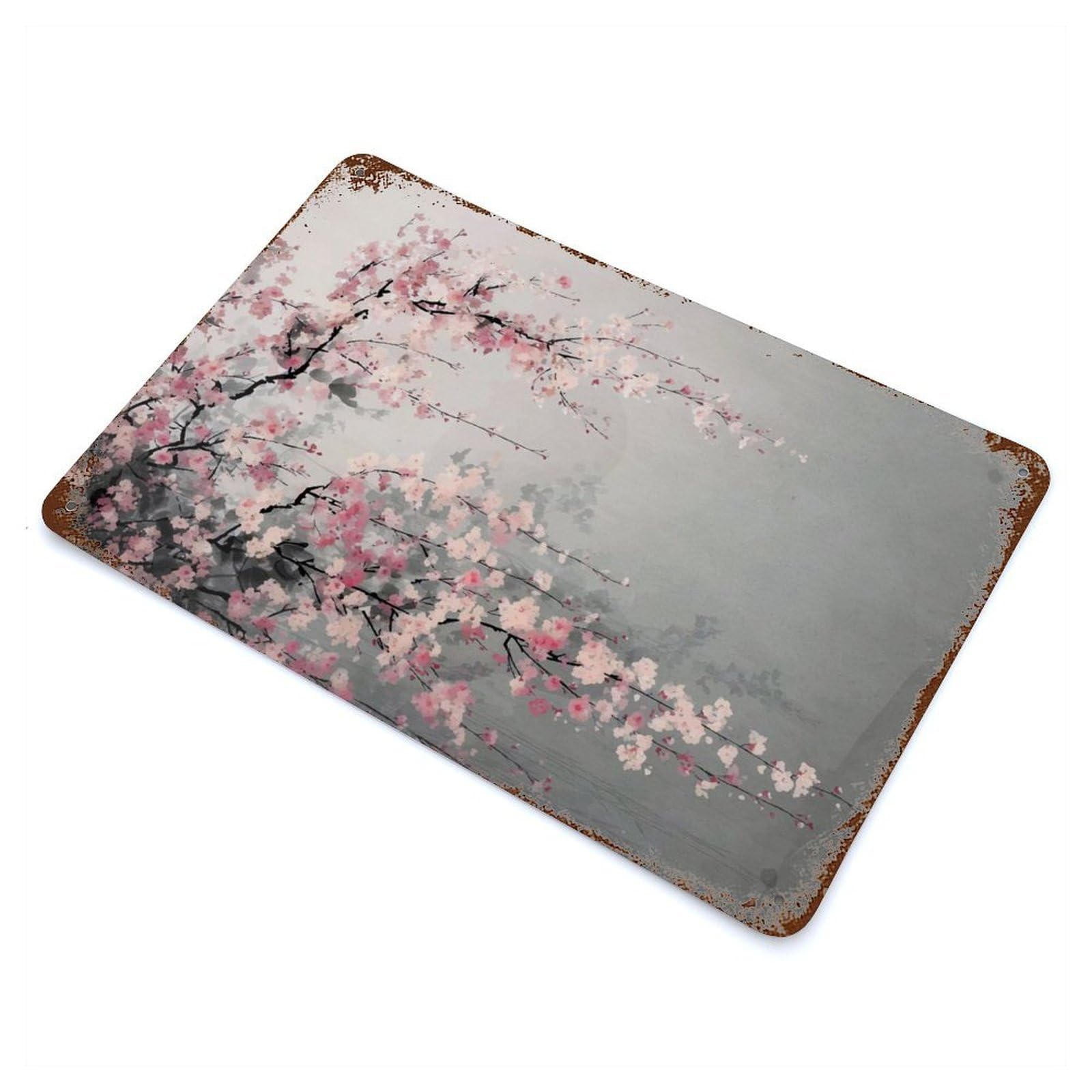 Rust Effect Cherry Blossom Branch Painting Vintage Rust Metal Sign 11.8"x7.9", Classic Wall Plaque for Shed, Workshop And Garage Wall Decor