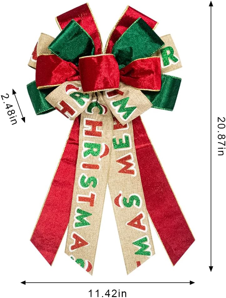 On-Airstore Large Christmas Wreath Bows, Christmas Words Velvet Ribbon Bows for Wreaths, Large Tree Topper Bows for Christmas Home Garden Indoor Outdoor Party Decoration Wreath Ornament Supplies - Image 2