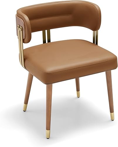 ARTPLAN Silla de comedor de cuero de nogal, moderna silla de cocina tapizada con cojín de espuma de alta resistencia, marco dorado de acero