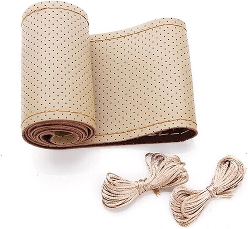 AULLY PARK Leather Car Steering Wheel Cover Stitching Style with Needle and Thread (Size S, Beige)