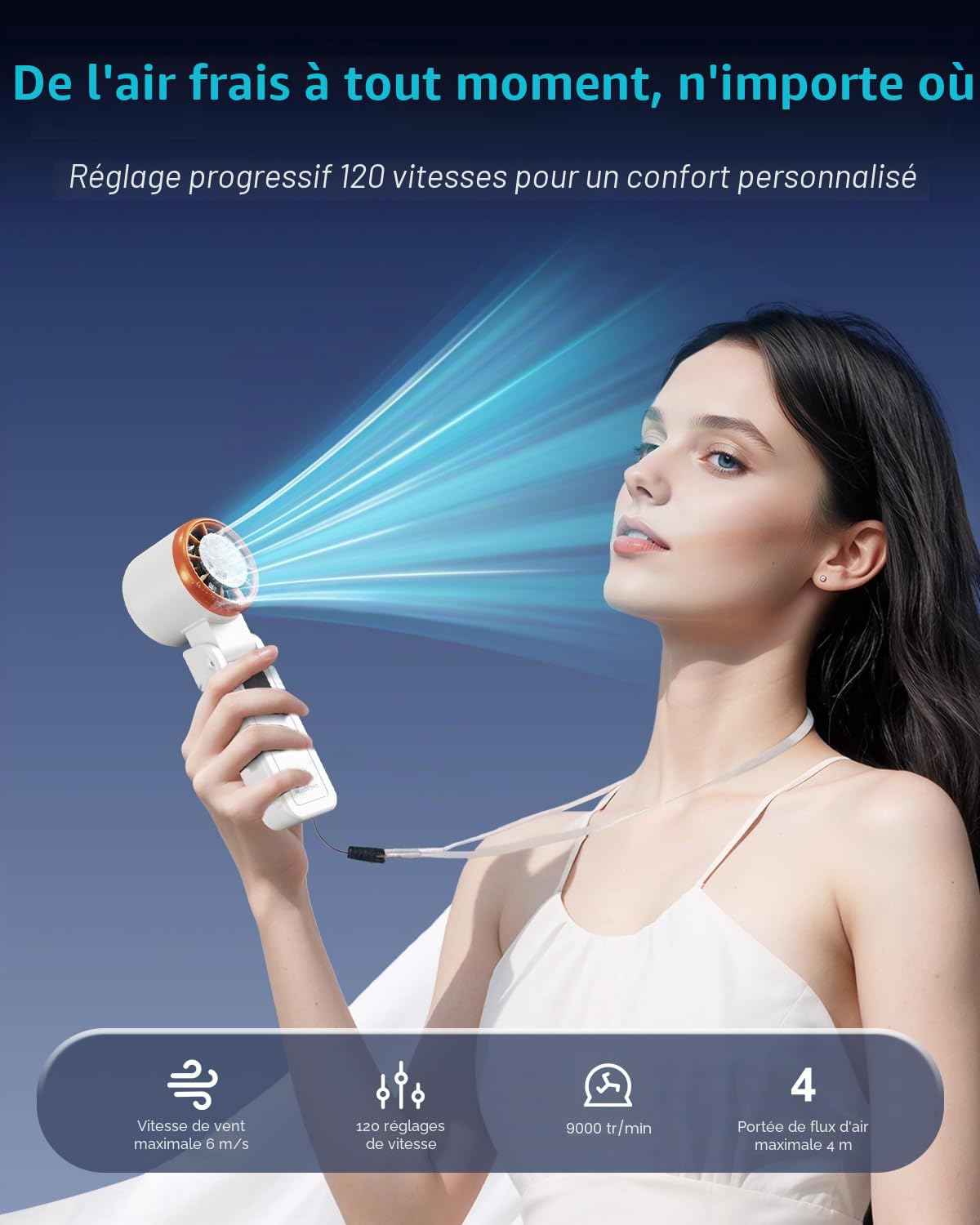 Marchpower Mini Ventilateur de Poche Silencieux Pliable 3600mAh Blanc | Batterie 3600mAh rechargeable, 120 vitesses, Silencieux, Pliable, Format compact de poche