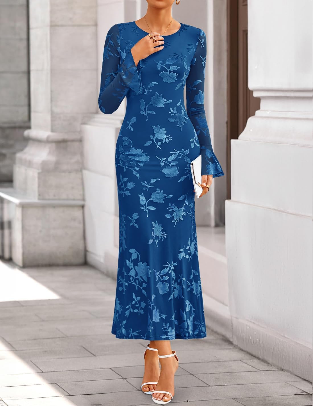 ZESICA Women's 2026 Bell Long Sleeve Floral Maxi Dress Spring Fashion Bodycon Mesh Wedding Guest Cocktail Party Dresses - Image 2