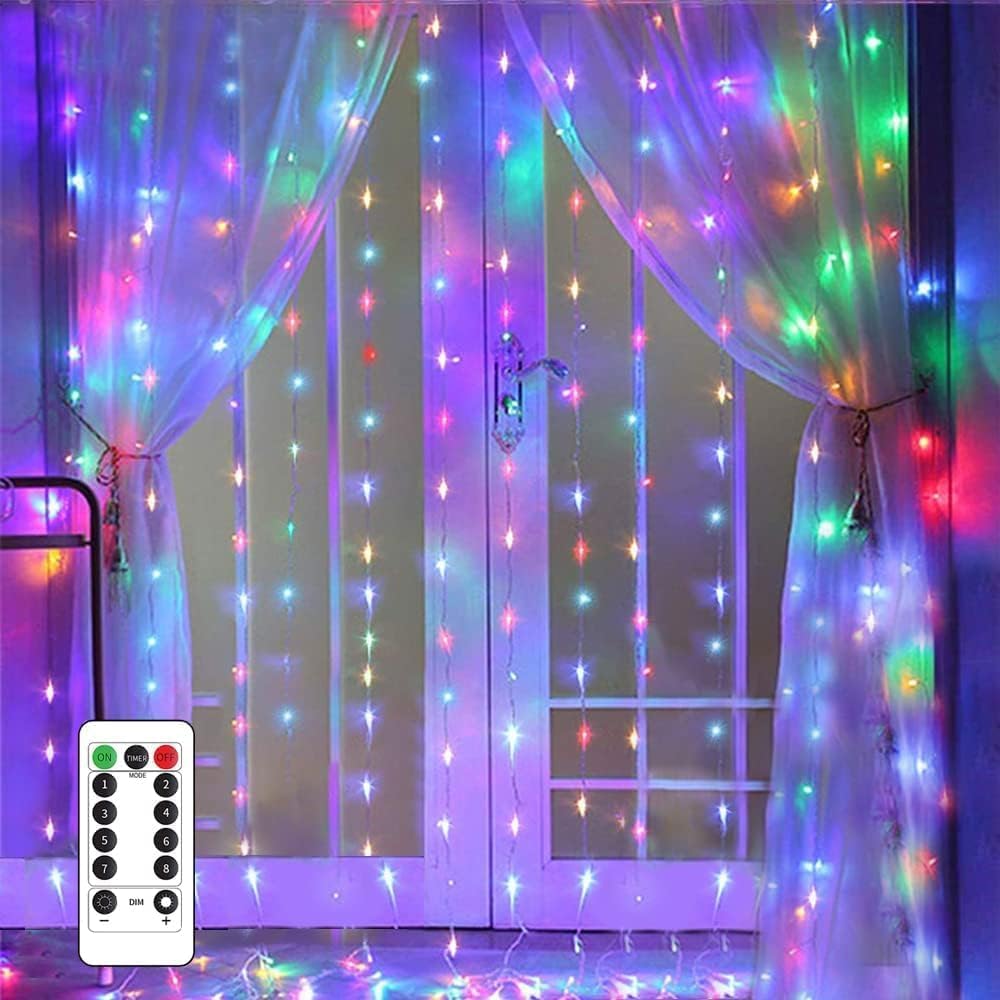 POWZOO Cortina de Luces, 3×3m 300 Luces de Cadena de Cortina,8 Modos con Control Remoto,IP44 Impermeable,para Navidad,Decoracion Exteriores Interiores,Dormitorio,Bodas,Fiestas(Cuatro colores)