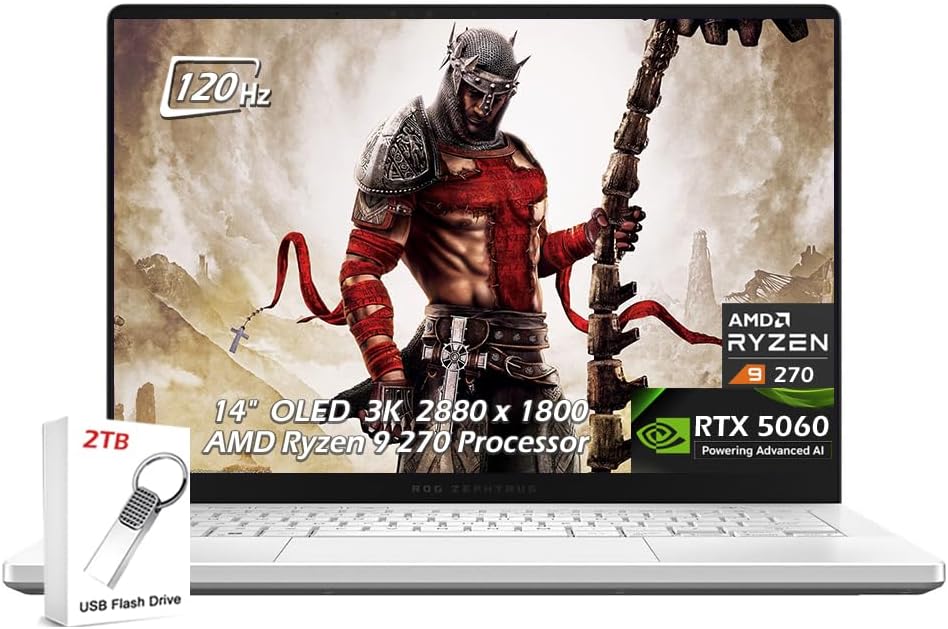 ROG Zephyrus G14 14" 3K OLED 120Hz Gaming Laptop, AMD Ryzen 9 270, NVIDIA GeForce RTX 5060, 16GB LPDDR5X RAM 1TB SSD, Micro SD, WiFi7, Backlit KB, Win11, Platinum White, 2TB USB Drive, W/GaLiMu