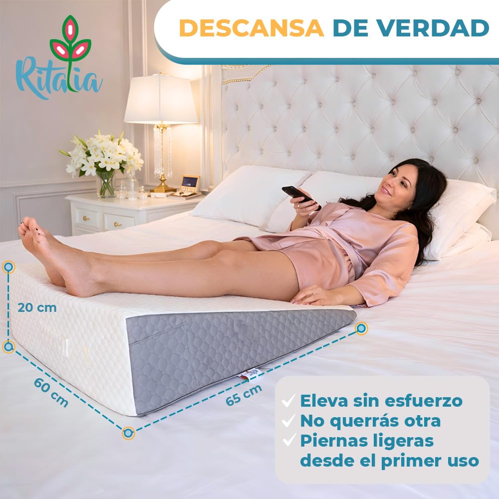 Ritalia Cuña Antireflujo Adulto 65x60x20 cm para Elevar Colchón con Gel Viscoelástica, Cojín de Lectura con Funda Lavable de Bambú, Respaldo Cama, Espuma CertiPUR