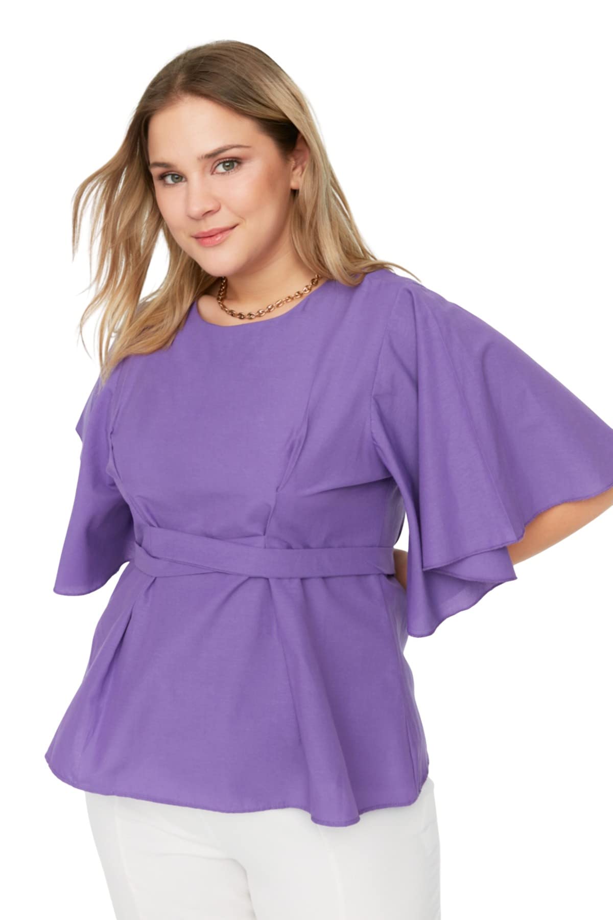 Trendyol Damen Lila Bluse, Normale Passform, Rundhalsausschnitt, Gewebt, Übergröße Hemd, Violett, 70/Mehr