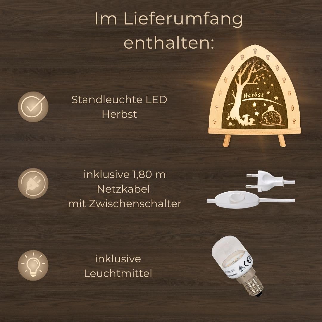 weigla - Dekoleuchte original Erzgebirge I Motiv Herbst I 1 LED Lampe I 0,8 W, E14 I Herbstdeko innen I Herbstbeleuchtung aus Holz I Fensterdeko