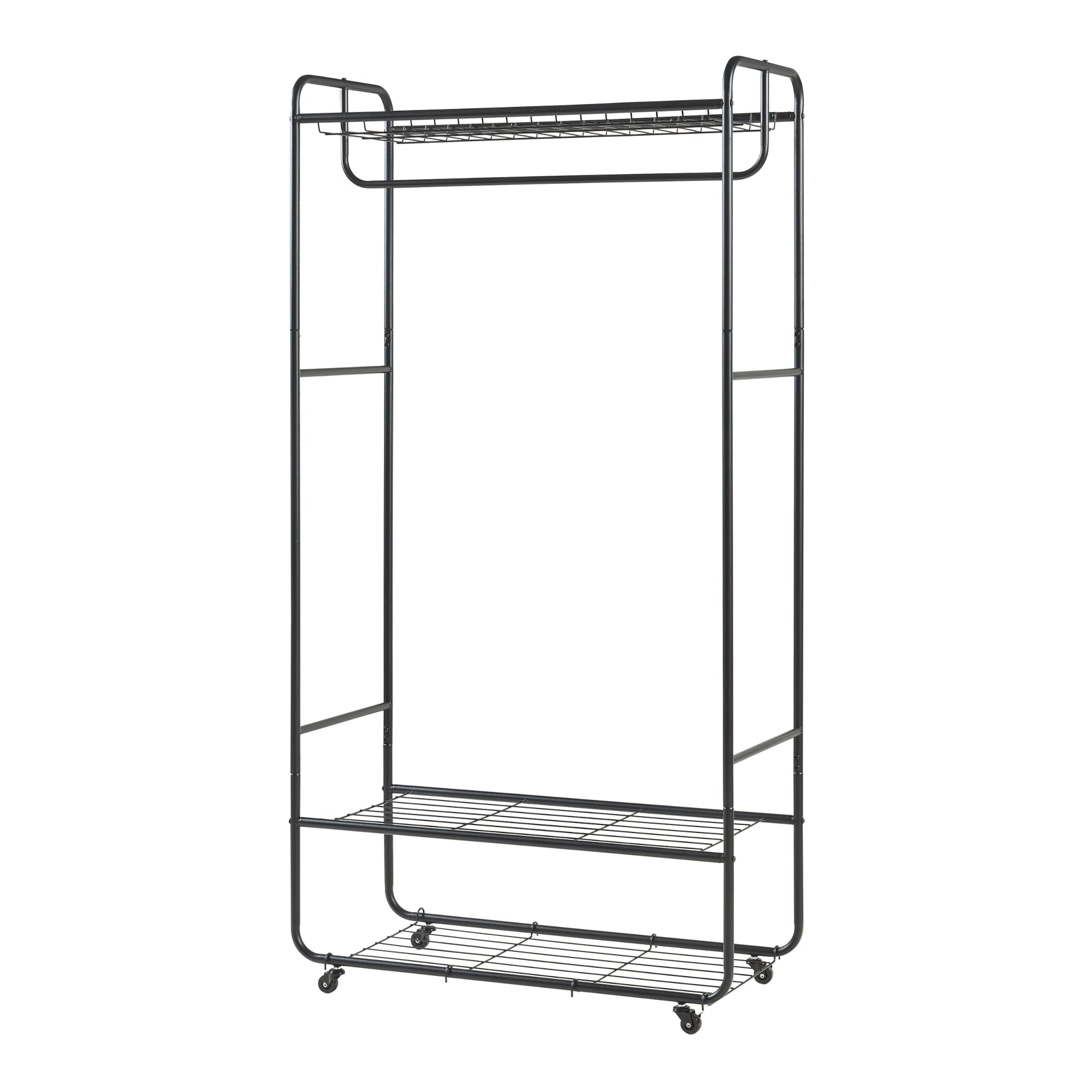 [en.casa] Wieszak na ubrania zwijany Vestvågøy Wieszak na płaszcze na kółkach z drążkiem na ubrania 176 x 90 x 40 cm Wieszak na ubrania do przedpokoju z 3 półkami siatkowymi Metal Czarny