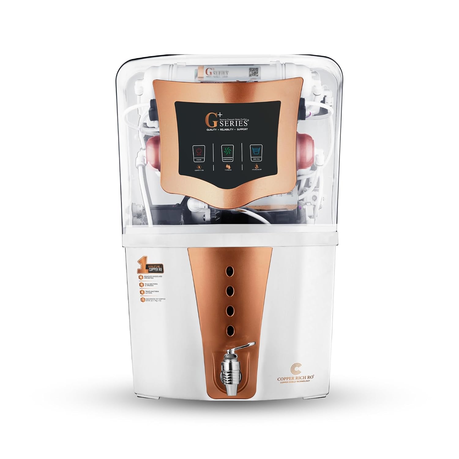 G+ Series Copper Rich Series Copper Triple Layer Protection Water Purifier Transparent White | Multiple Purification Process | RO+COPPE+ZINC+ALKALINE+UV+UF LED Tank | 12L