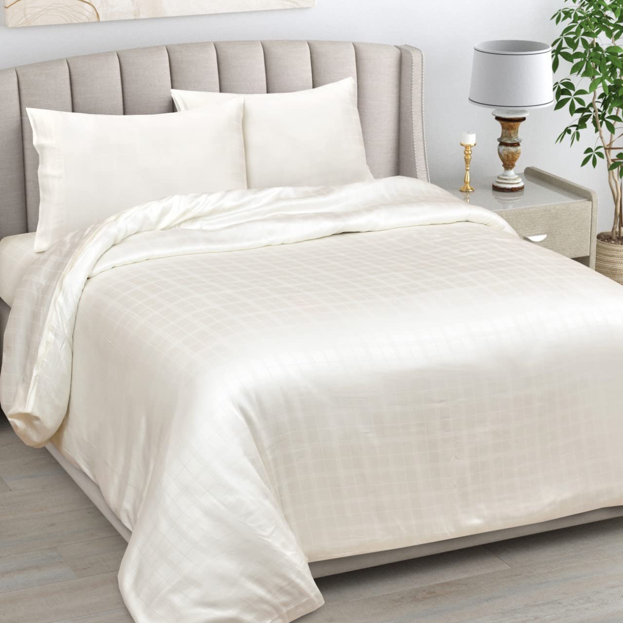LINENWALAS 100% Organic Bamboo Fitted Sheet Only, Deep Pocket 16 Inch Softest, Silky Cooling Designer Checks Bamboo Bedding Only Fitted Sheet Double Size (Double, Ivory/Off-White) — image 1