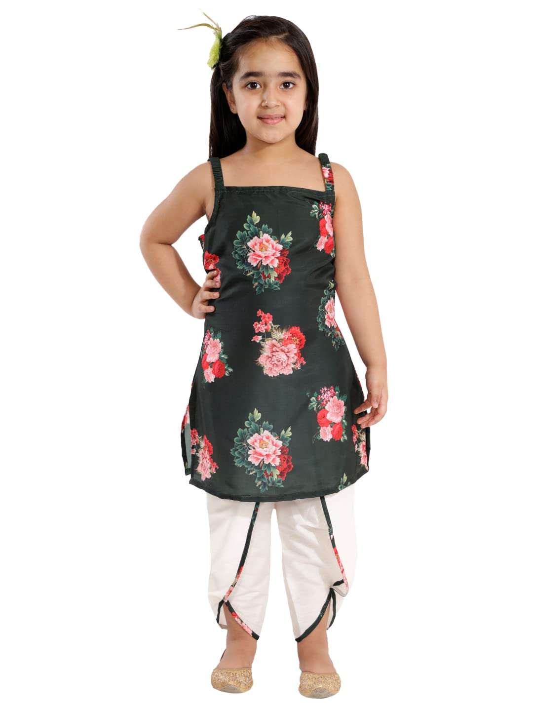 VASTRAMAY Cotton Blend Girls' Floral Printed Cotton Silk Kurta & Pant
