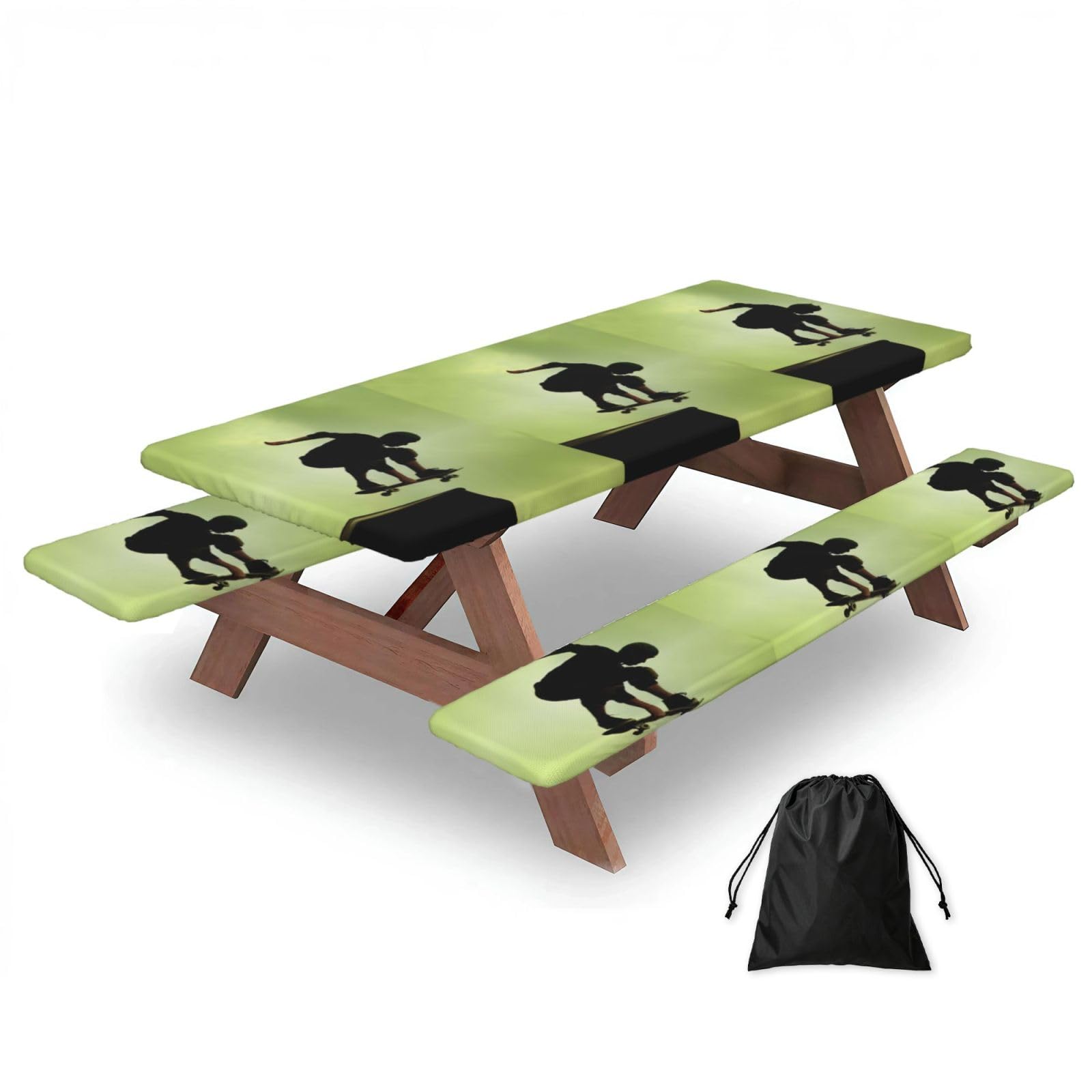 Duwaa Black Skateboard Print 183Cm Picnic Table Cover With Bench Covers, Waterproof Elastic Tablecloth Set For Outdoor