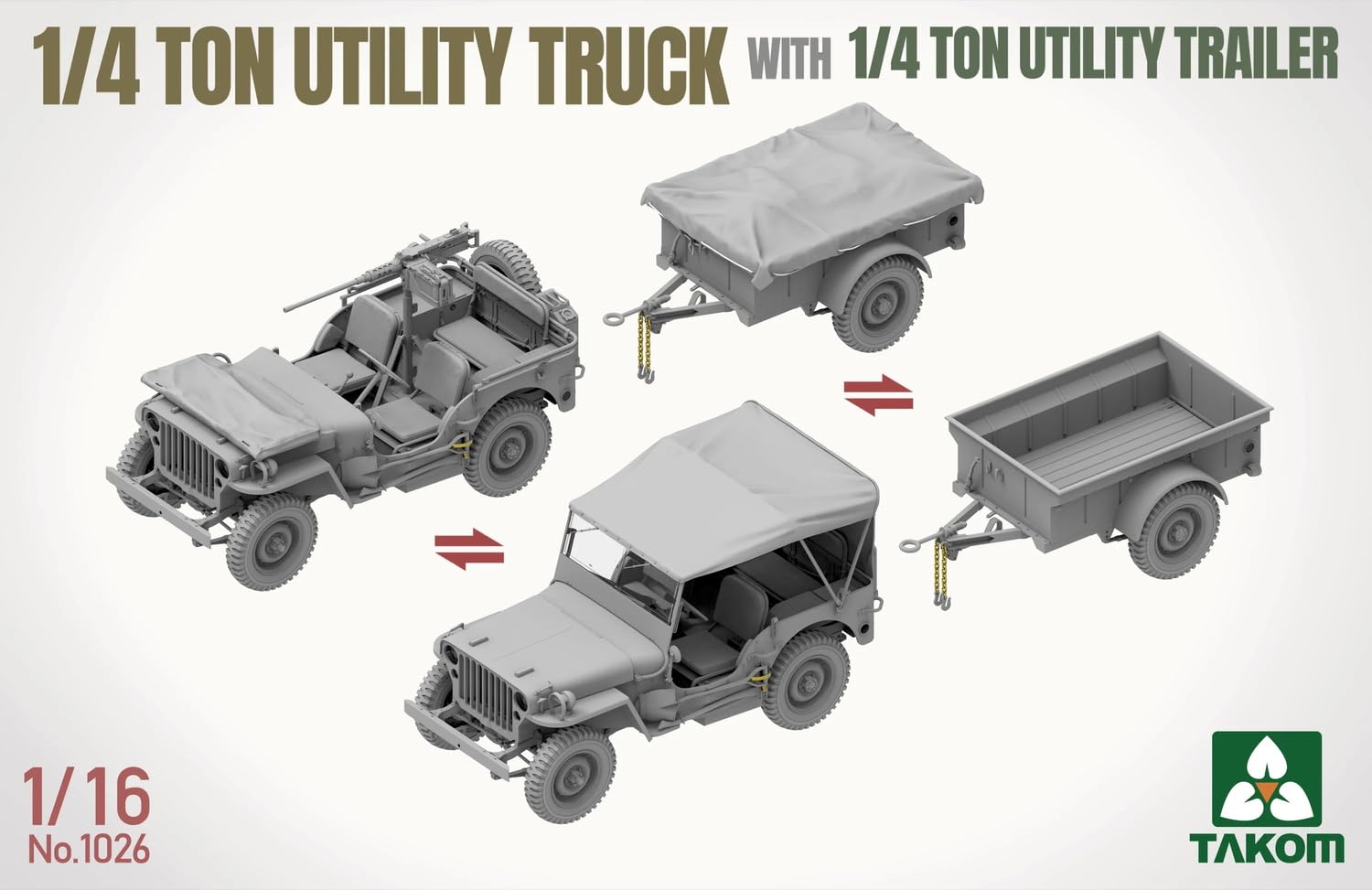 TAKOM TAK1026 1/4 ton Utility Truck z przyczepą - zestaw modelarski 1:16 - amerykański samochód terenowy z figurką kierowcy i częściami PE - niezmontowany