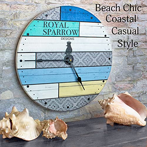 Royal Sparrow Designs Large Wall Clock 16 Inch- Coastal Farmhouse Chic Kitchen Decor Silent Battery Operated (16" Coastal Time) #TOP1
