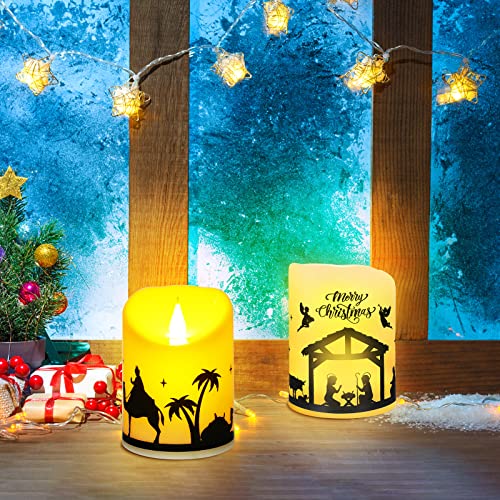 Image of Treela 2 Pieces Christmas Flameless LED Candles with 8h Timer, Battery Operated Plastic Pillar Rustic Candles Warm Light with Decals for Adventure Table Home Decor, D3 x H6 (Nativity)