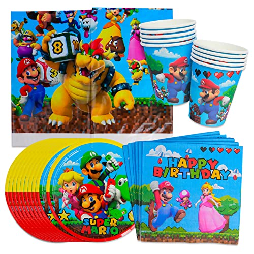 Super Mario Partygeschirr, 41Pcs Gebutstag Party Set, Geschirr Set Partyzubehör Kindergeburtstag Cartoon-Party-Dekoration Teller Papierhandtuch Tischdecke Pappbecher für Geburtstag Dekorationen Cover