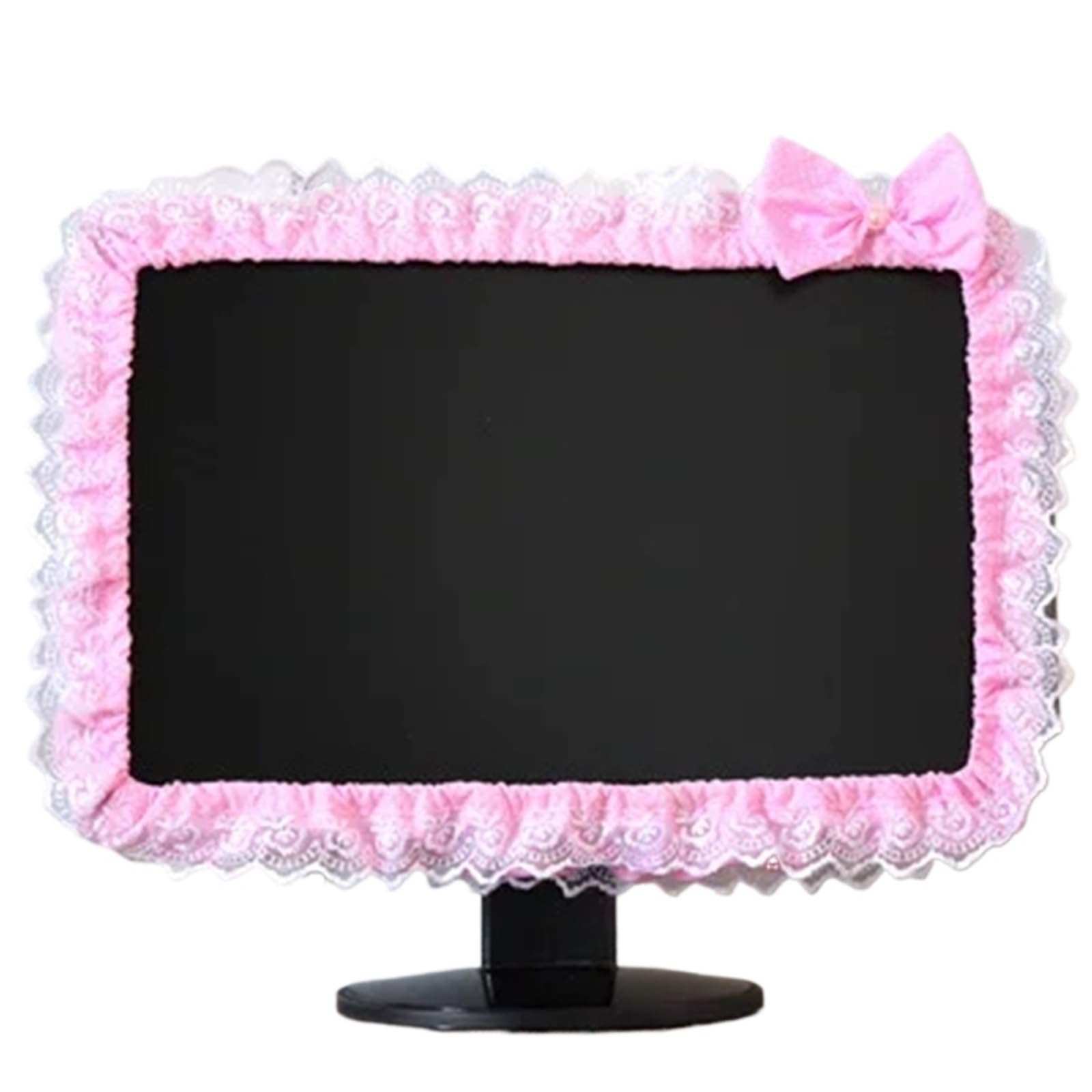 Qvorlth Pink Monitor Cover 2Pcs Lace Fabric Computer Frame Cover Monitor Screen Dust With Elastic Pen Pocket Bow Home Decorations(Pink)