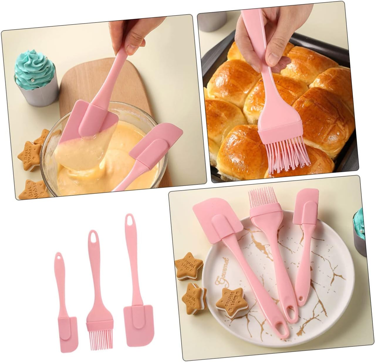 3 Piece Silicone Baking Spatula Set, Pink Stain Resistant Scrapers image 3