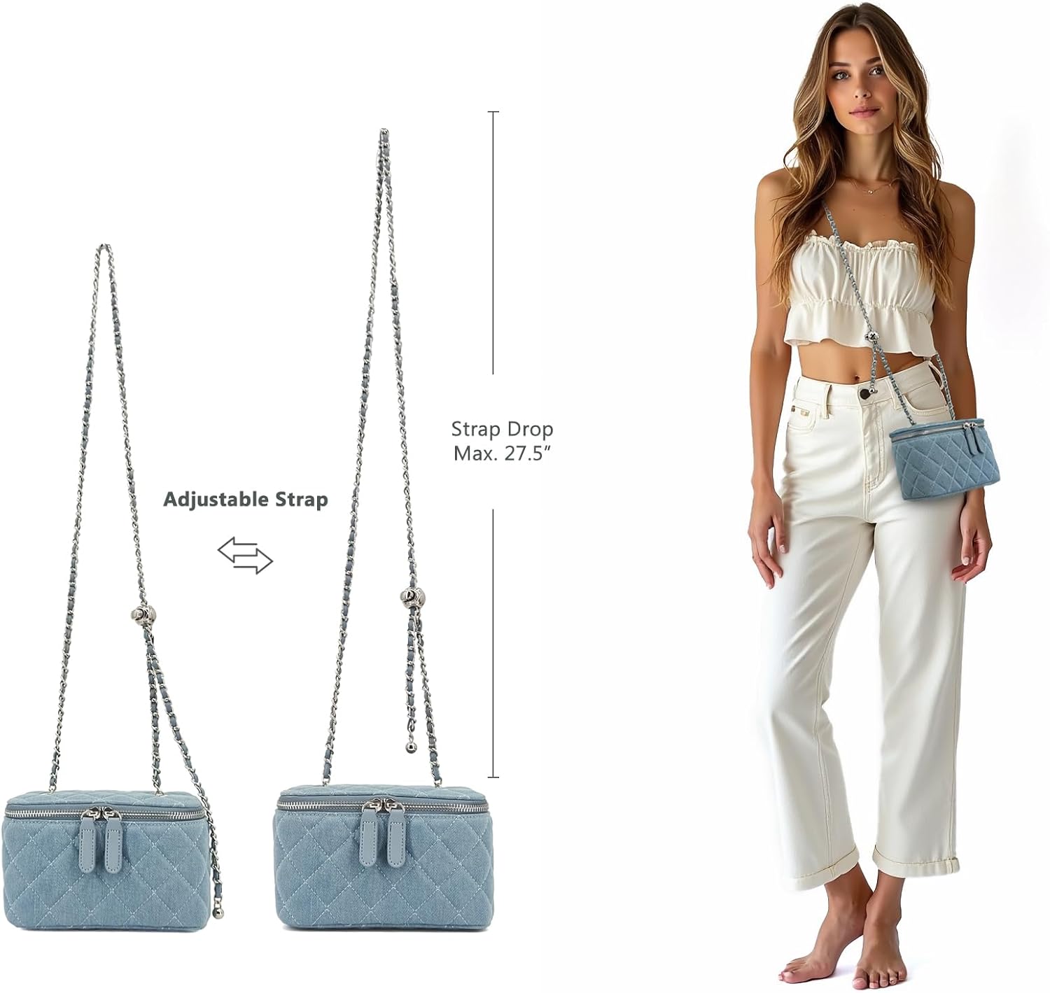 Mini Quilted Denim Crossbody Bag for Women, Small Jean Purse with Adjustable Chain Strap, Boxy Designer Vanity Case - Image 2