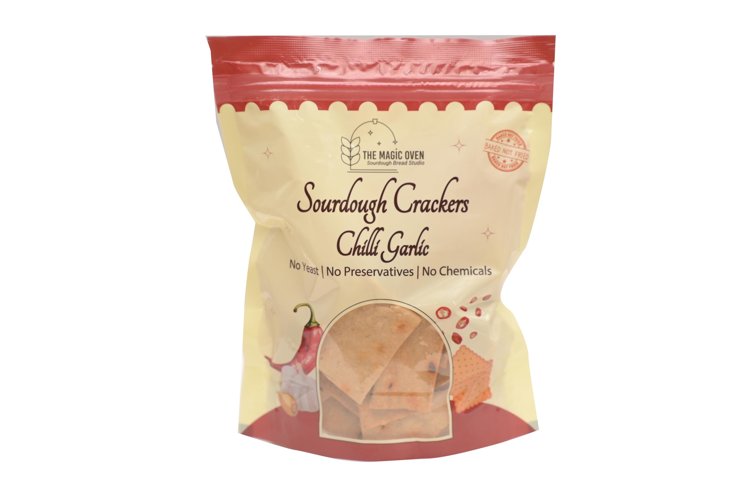 TMO Sourdough Chilli Garlic Crackers 150g | Baked Not Fried | Crispy & Spicy Healthy Snacks | Low Maida Diet Snack | Nutritious Crackers for Tea Time, Office & Daily Munching 2