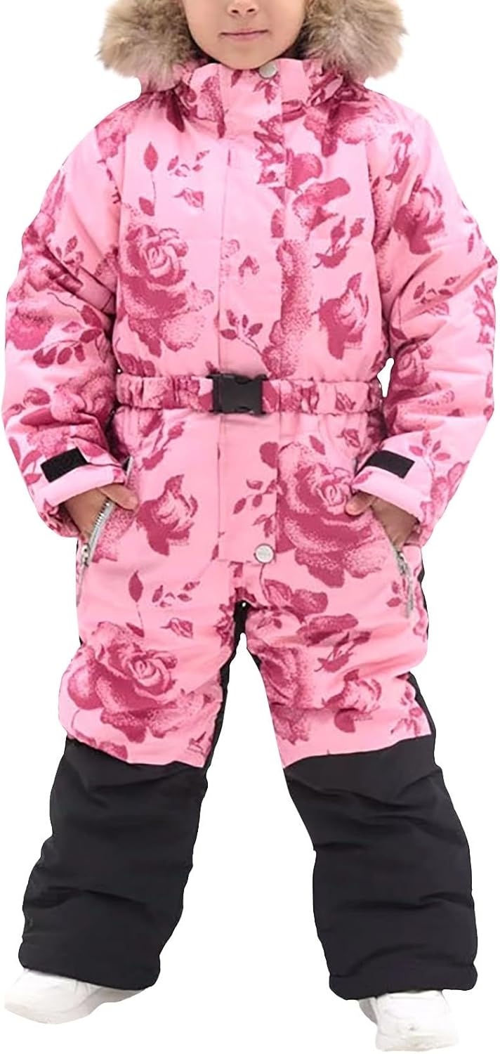 Unisex Kids Snowsuit Waterproof Ski Suit Girls Floral Snow Suit Boys Insulated Ski Jumpsuit Warm Padded Coverall Snowboarding