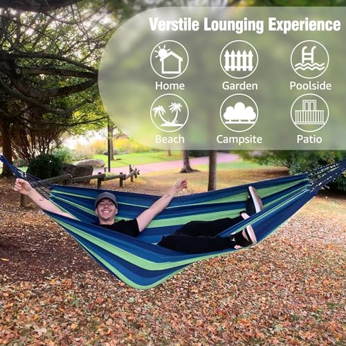 Anyoo AY-STRIPE-HAMMOCK-GREEN-0001 Garden Cotton Hammock Comfortable Fabric Hammock With Tree Straps For Hanging Sturdy Hammock Up To 660Lbs Portable Hammock With Travel Bag For Camping Outdoor/Indoor Patio Backyard thumb #5