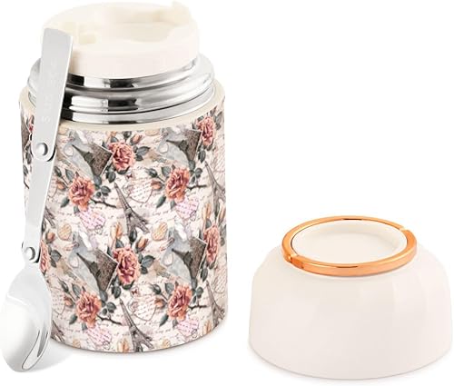 Eiffel Tower - Tarro de comida con cuchara de acero inoxidable aislado al vacío, contenedor de alimentos de 17 onzas para adultos