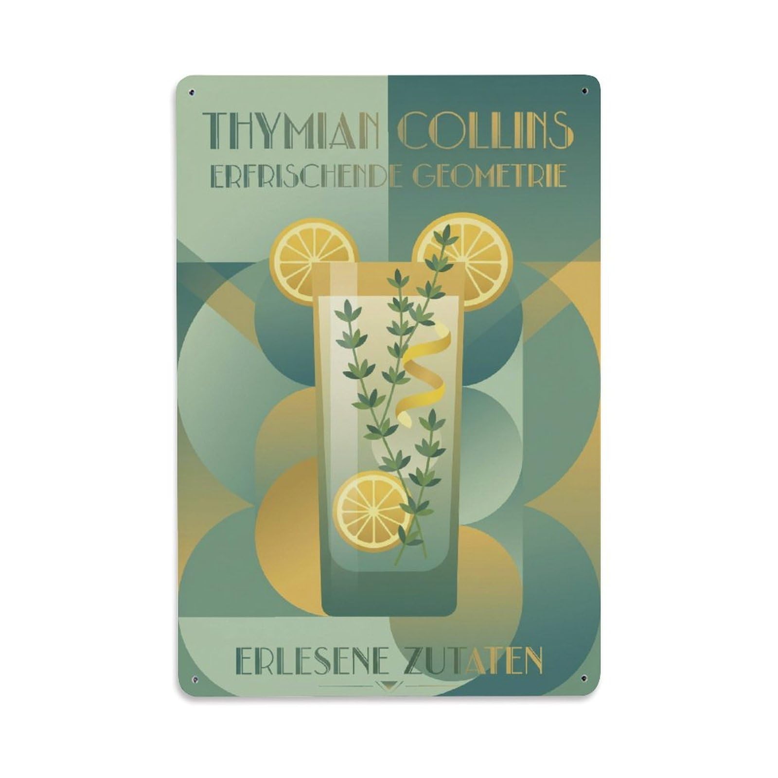 Thyme Collins Botanical Cocktail Recipe Menu Classic Metal Tin Sign Plaque Wall Decor for Cafe, Man Cave, Club Bar, Office, Home Garden Round Metal Poster 8x12Inch