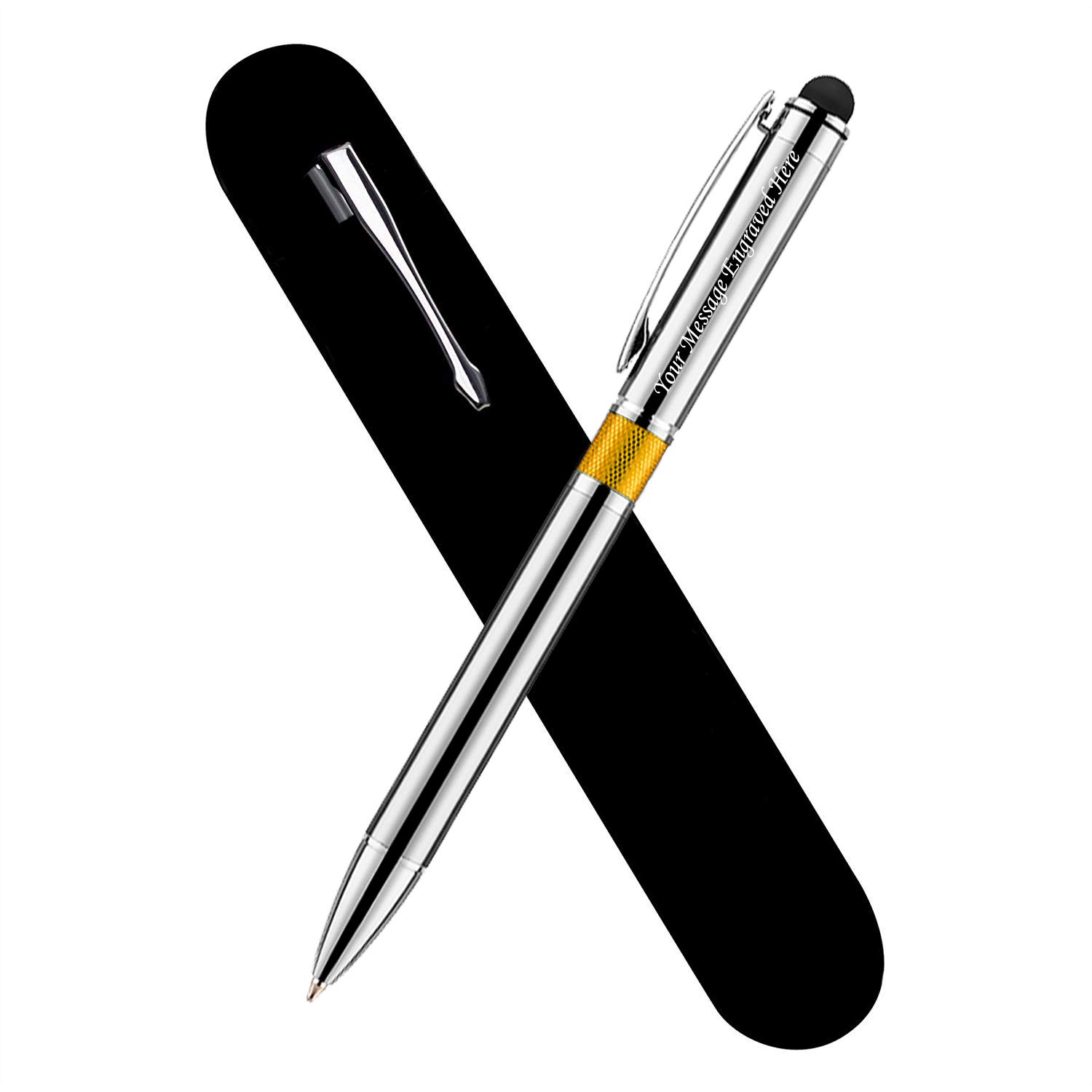 Paul Clover Promotional Personalised Laser Engraved Metal Ballpoint Touch Pen - Comes In An Elegant Velvet Pouch Available in 6 Colours (Gold)