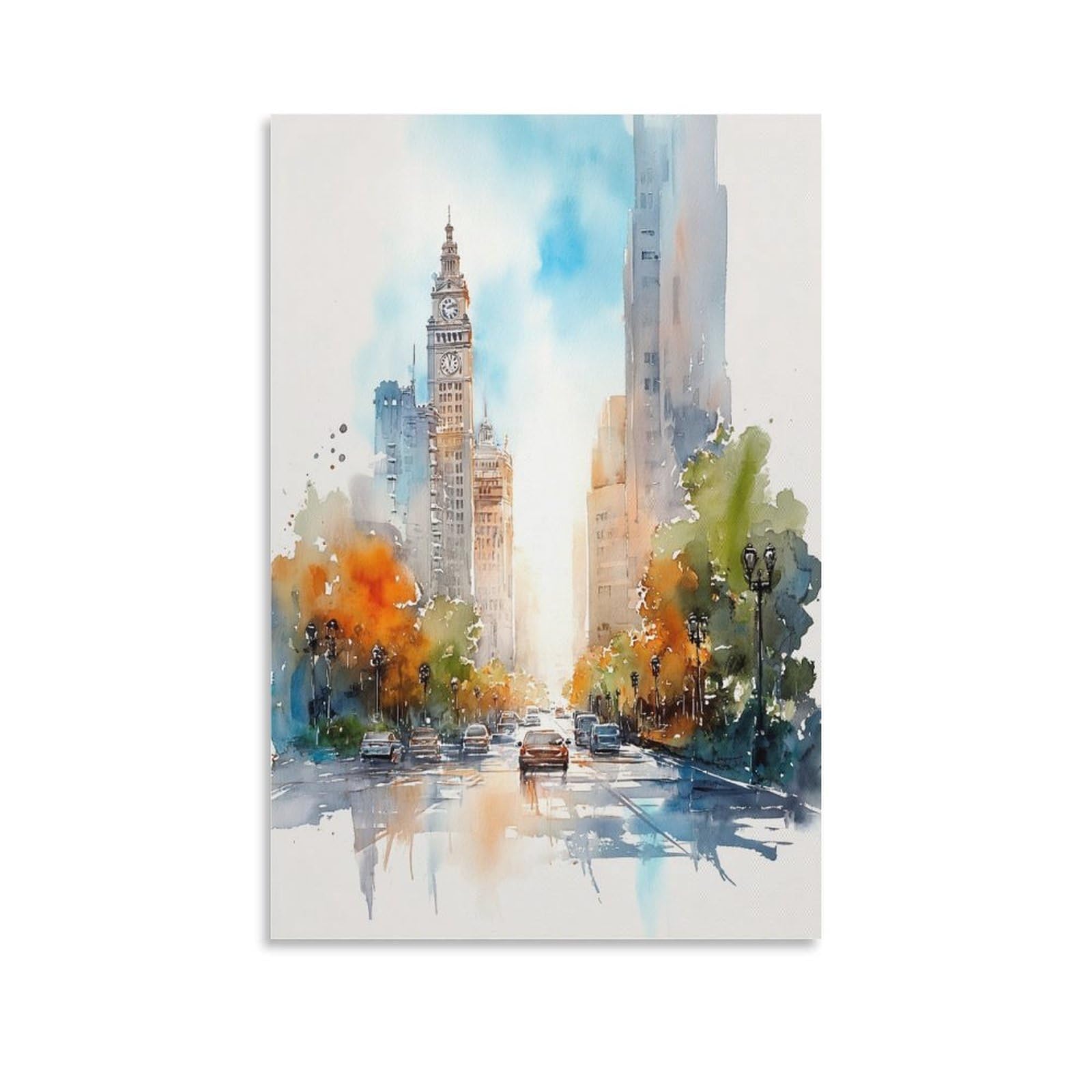LCYNNH Houston Watercolor Painting Mid-Century Modern Texas Wall Art 24x36inch(60x90cm) Print Home Bedroom Office Living Room Decor Canvas