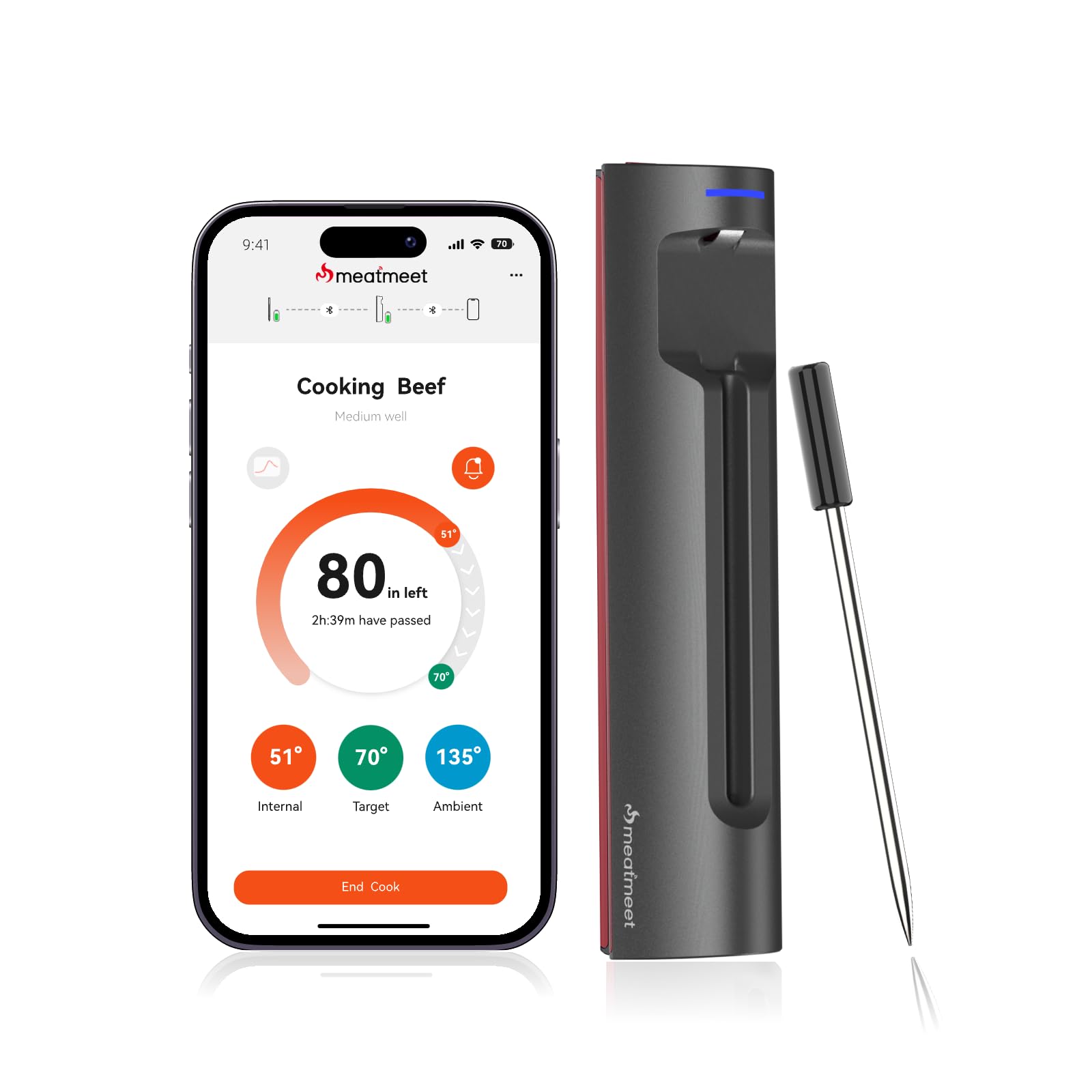 Termometro per carne Wi-Fi | Sonda wireless a lungo raggio per forno, grill, friggitrice ad aria, barbecue | Doppi sensori | IP67 impermeabile
