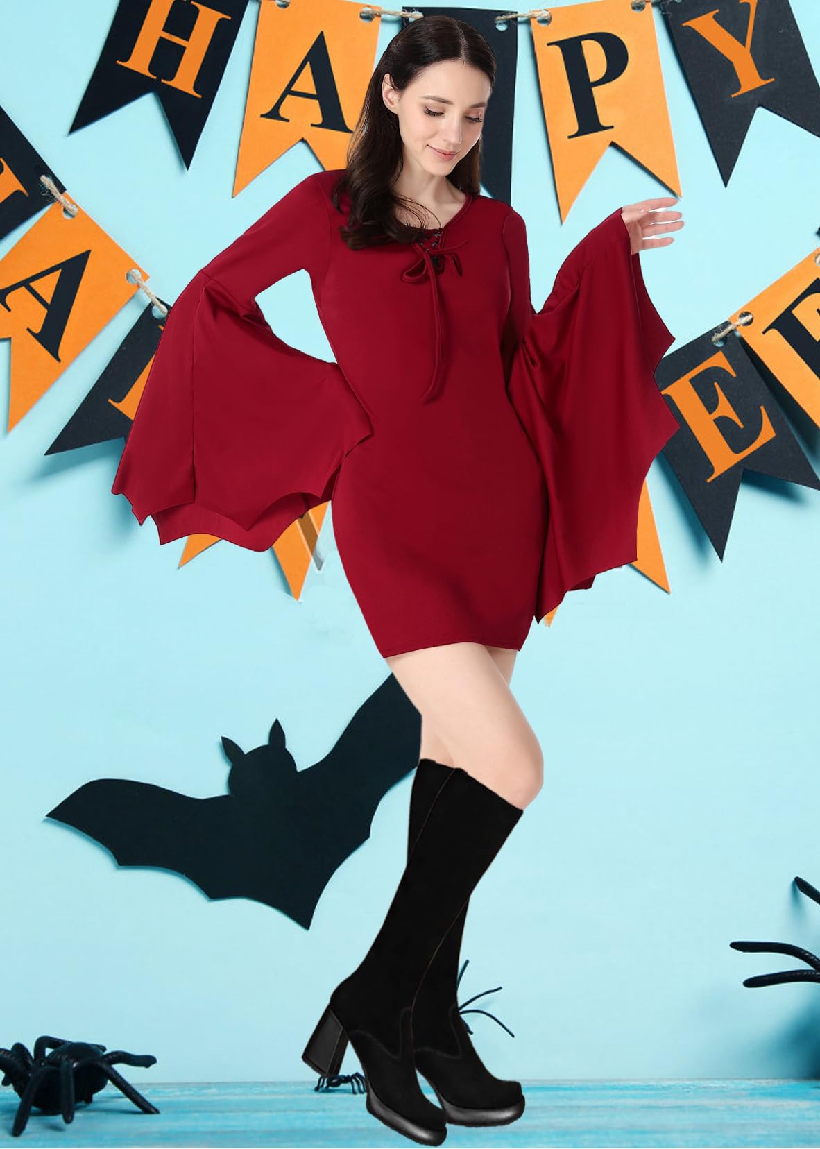 YEAXLUD Costume da vampiro da donna, a maniche lunghe e larghe, costume da Morticia Addams, vestito gotico da strega
