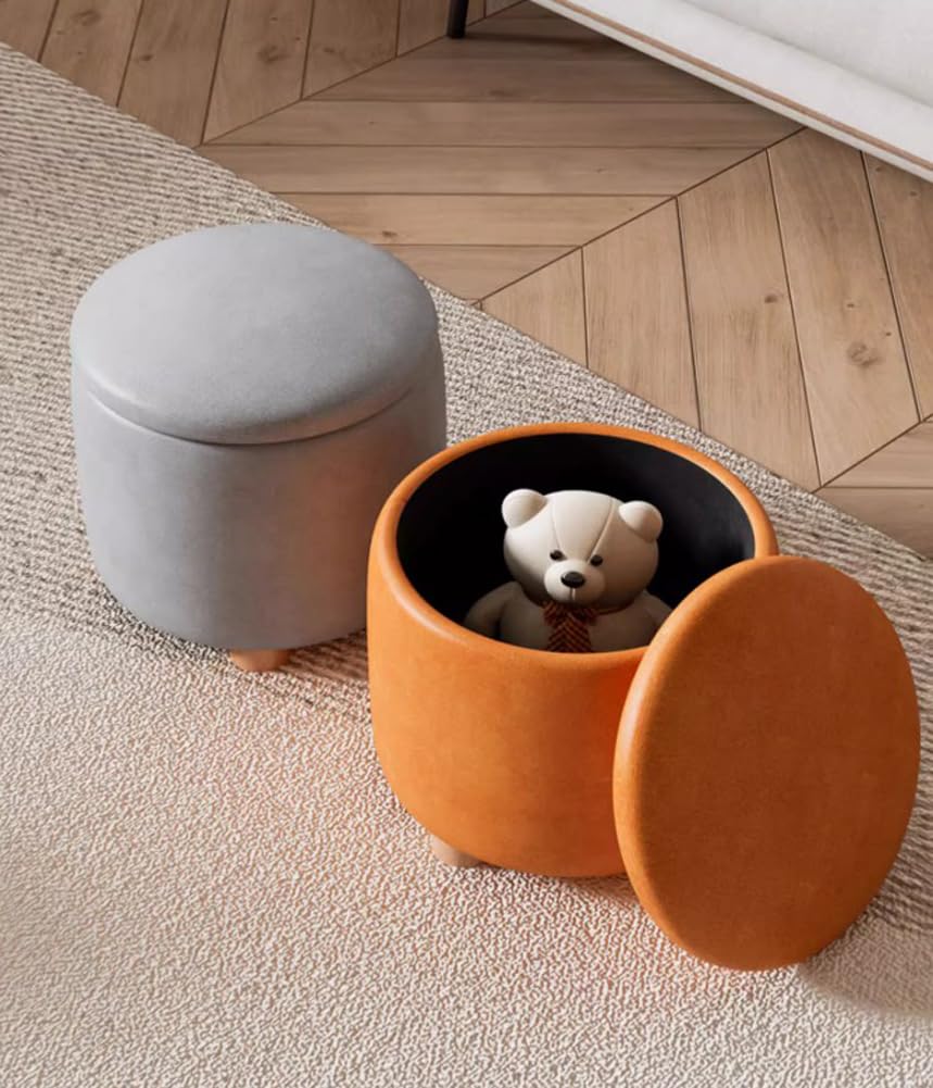 Pouf rotondo con contenitore, poggiapiedi in finta pelle, grande spazio di archiviazione, imbottito, sgabello per soggiorno, camera da letto, ingresso (marrone)