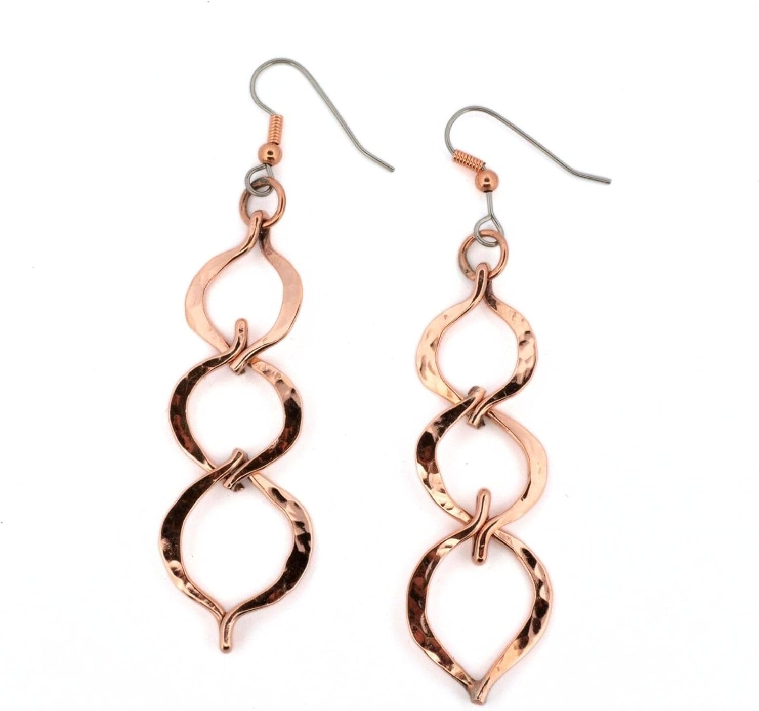 Women's Copper Earrings, Hammereds, Hypoallergenic Steel Ear Wires, Triple Circle Earrings