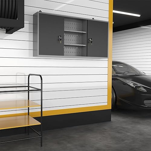 Miniatura 2 de JZD Armario de almacenamiento de pared de metal con 2 puertas con cerradura, para oficina en casa, garaje, sótano, negro y gris, 47.2 x 7.9 x 23.6