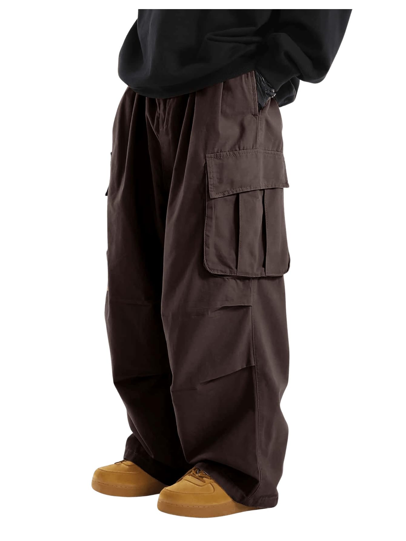 OYOANGLE Mens Drawstring Elastic Waist Flap Pockets Streetwear Baggy Cargo Pants Joggers Hiking Trousers