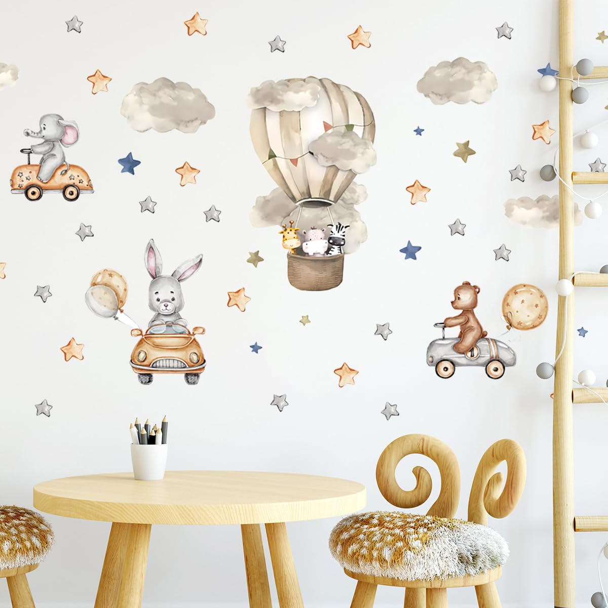 Kibi Adesivi Murali Bambini Animali in Mongolfiera e Auto, Stelle e Nuvole, Tema Nursery, 90x30cm