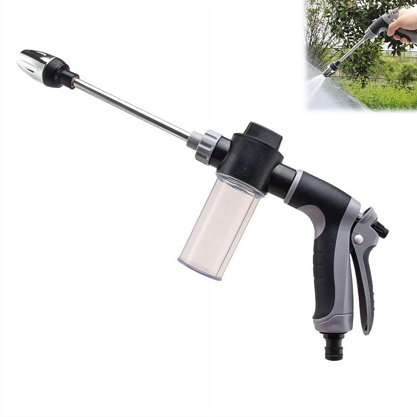 A person holding the pressure washer gun, connected to a garden hose, spraying water onto a car. This illustrates the product in use and its connection.