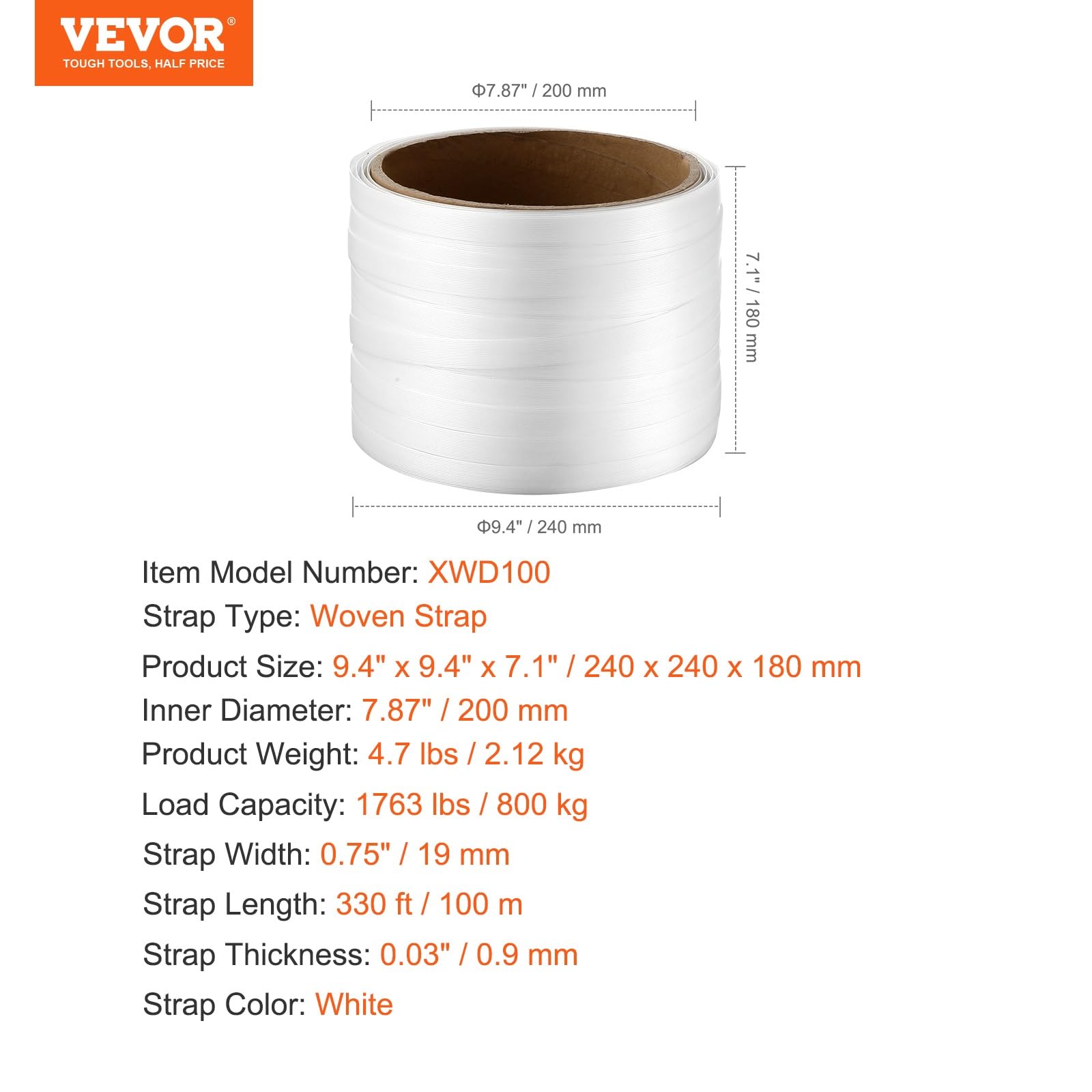 VEVOR Rollo de Fleje de Cinta Tejida para Embalaje 100m x 19mm x 0,9mm Carrete de Fleje Resistente para Palets Alta Resistencia de 800 kg Fleje de Embalaje Trenzado Portátil, Blanco