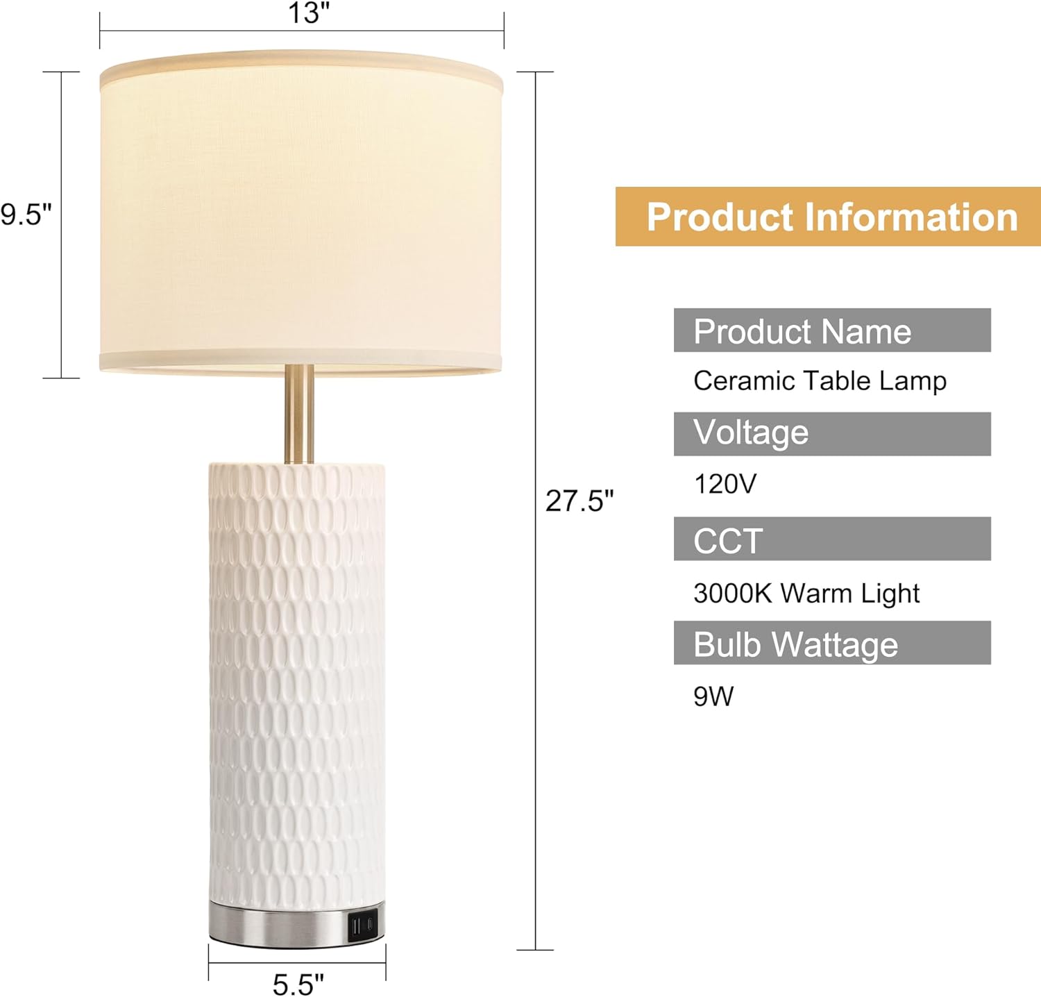 27.5" Ceramic Table Lamp, Table Lamp for Living Room with USB A+C Charging Ports, 3 Way Touch Control Table Lamps for Bedroom, Modern Bedside Lamp Set of 2, End Table Lamps, Bulbs Included White