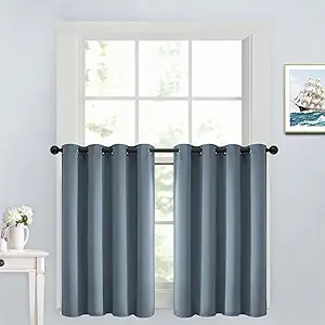 Yakamok Soild Small Window Curtains,Grommet Thermal Insulated Privacy Curtains and Drapes Room Darkening Shades Decent Decor for Kitchen Camper Closet(2 Panels,Stone Blue,52x36 Inch)