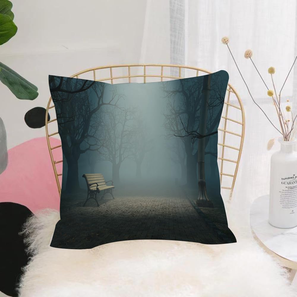 HYOSXW Cushion Cover,Throw Pillow Case Home Decorative for Living Room Bedroom Sofa Chair 16X16 Inch,Bench in The Park on a Dark Mysterious Night Scary Forest Horror Theme Habitat,Pillowcase 40X40cm
