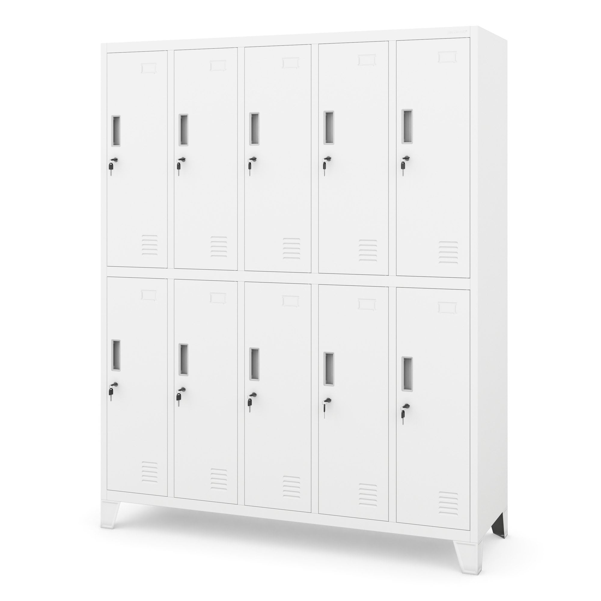Jan Nowak Taquilla Vestuario Armario Metalico con 10 Compartimentos Portaetiquetas Ranuras de ventilación Recubrimiento de Polvo 172 cm x 136 cm x 45 cm (Blanco)